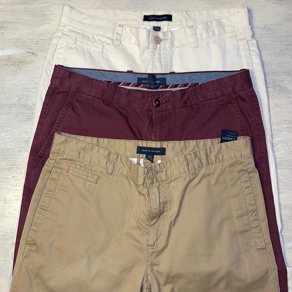 Bundle of 3 Mens Tommy Hilfiger Classic Straight Fit Khaki Burgundy Pants 33 30